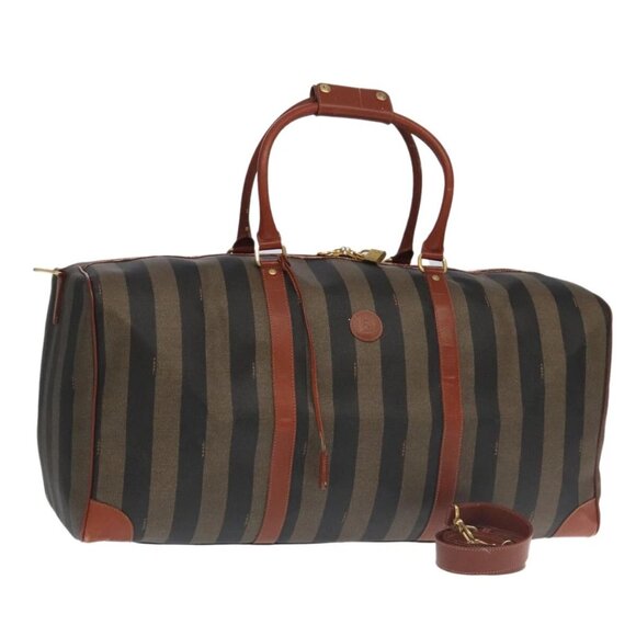 FENDI Pecan Canvas Boston Bag 2way Brown Black gold Auth - Picture 1 of 16